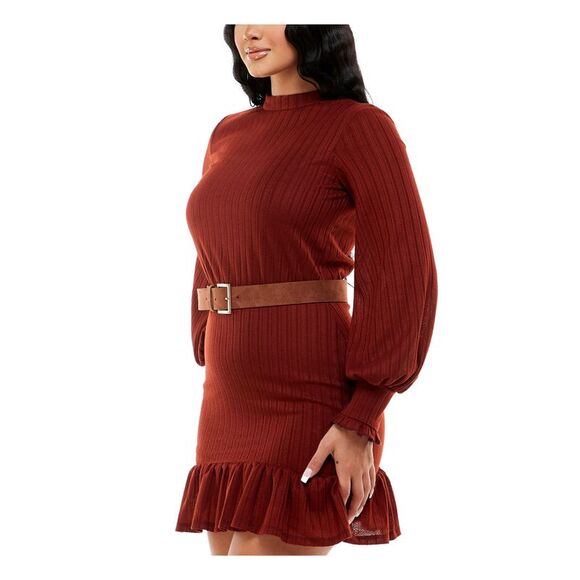 NWT B DARLIN Womens Brown Button Closure Balloon Sleeve Short Dress 3\4 - Picture 3 of 5